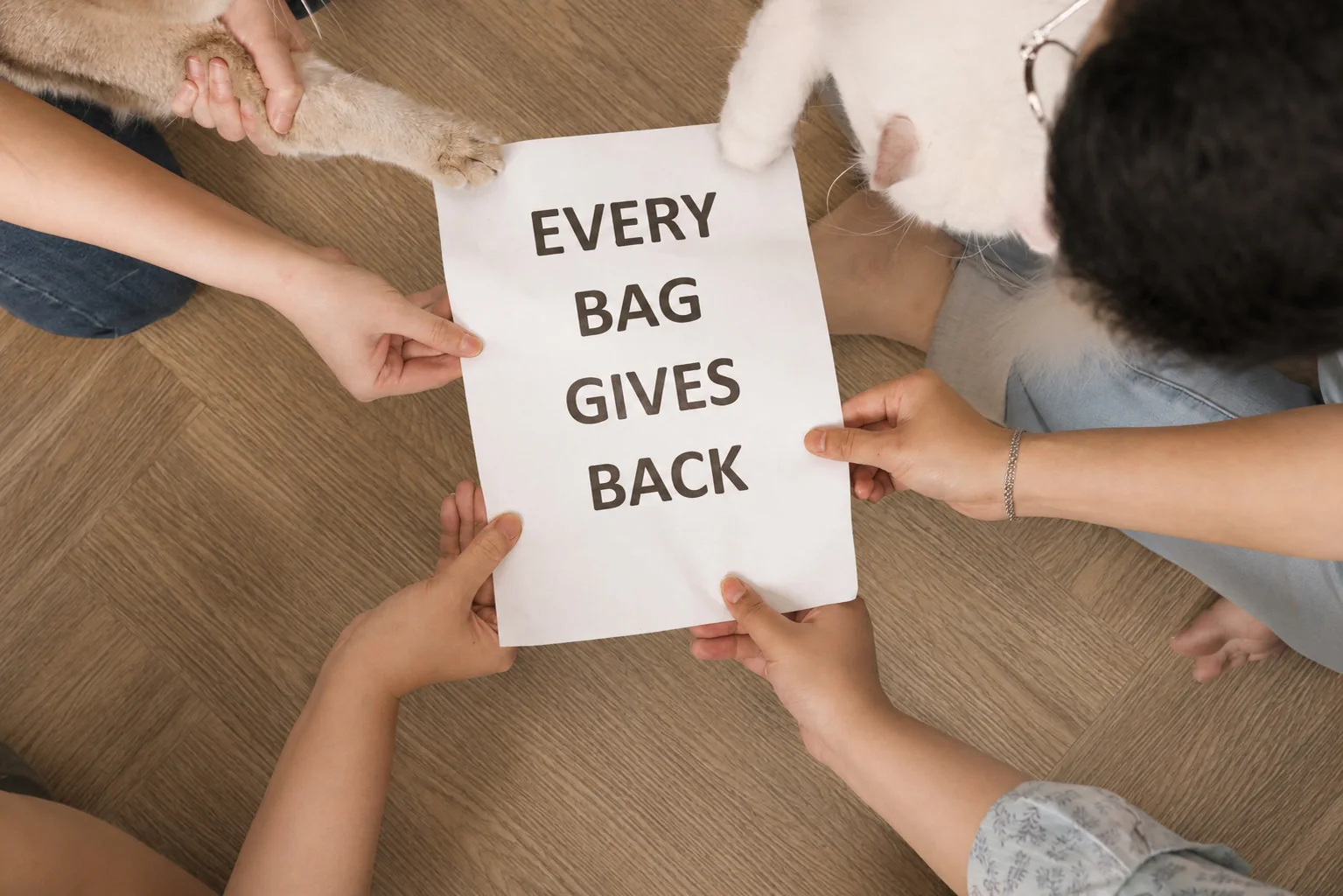 Tangan pawrents dan kaki kucing memegang kertas bertuliskan Every Bag Gives Back