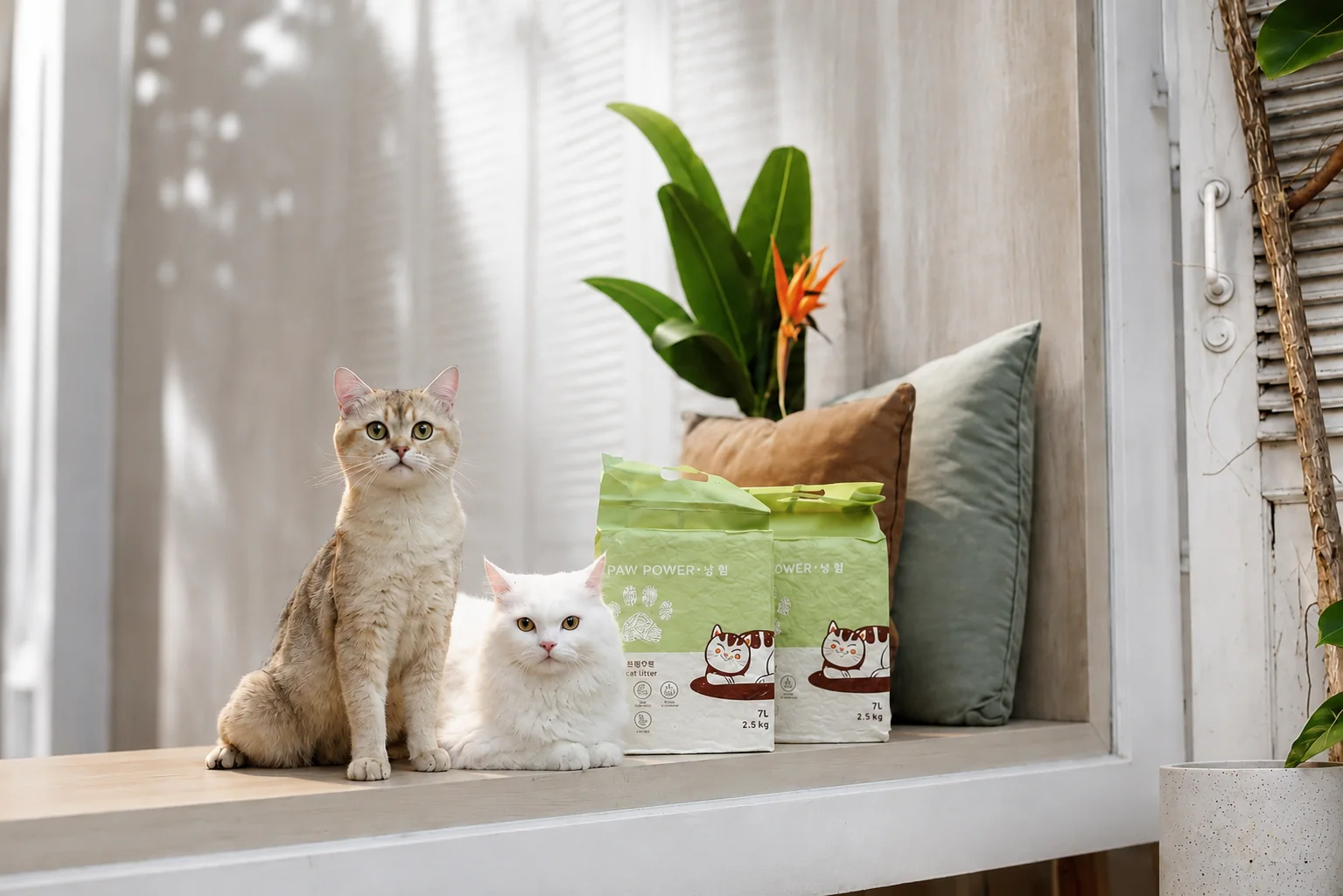 Dua kucing Kootie Goldie bersama kemasan Paw Power Tofu Cat Litter