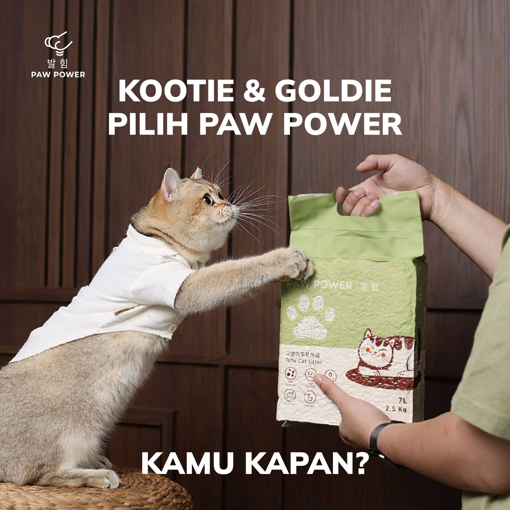 Pasir kucing tofu Paw Power yang low dust dan cepat menggumpal