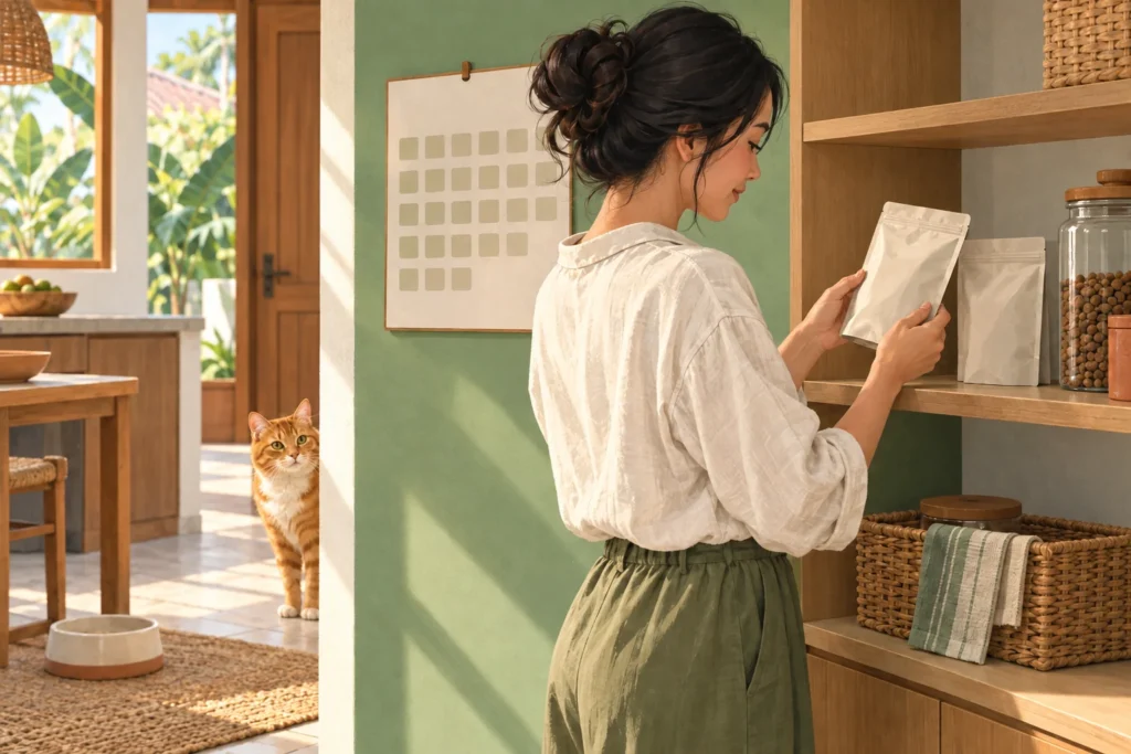 Ilustrasi perempuan memeriksa kantong putih polos di rak dekat kalender dinding, dengan kucing oranye mengintip dari sisi ruangan.