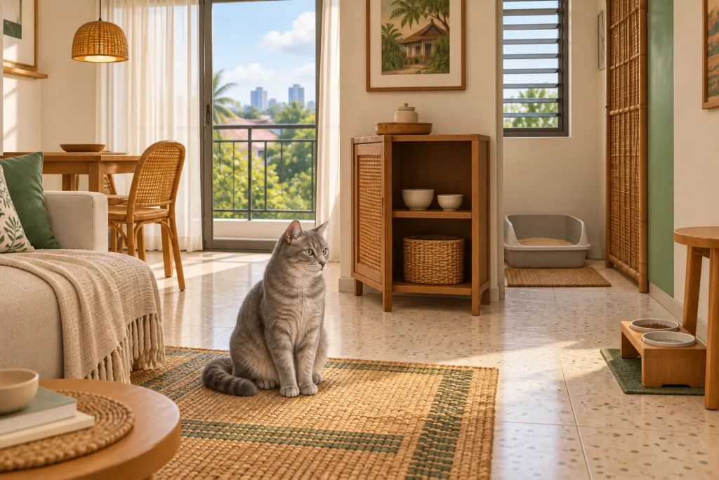 Ilustrasi apartemen ringkas dengan lemari kecil, sudut litter box, dan kucing abu-abu di karpet.